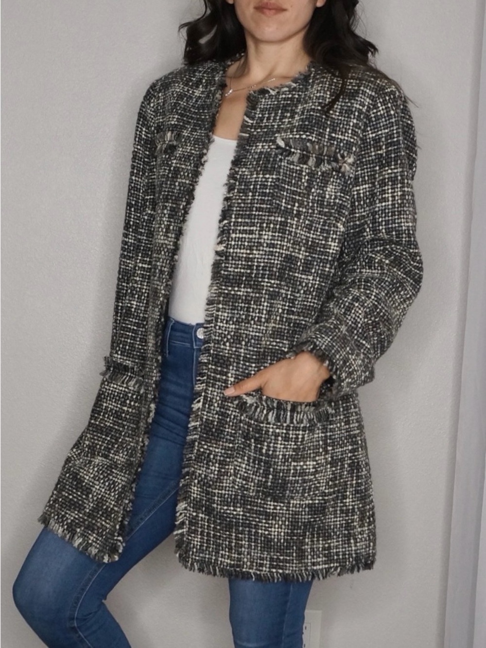 Chico’s Tweed Fringe Coat Jacket Long Wool Blend Size 1 Medium Grey Black